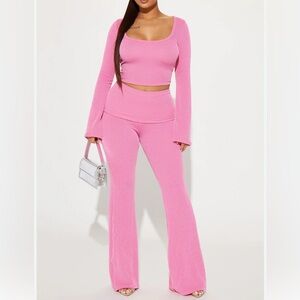 Fashion Nova Pink Ribbed Knit Two-Piece Set fold over flare pants cropped top S